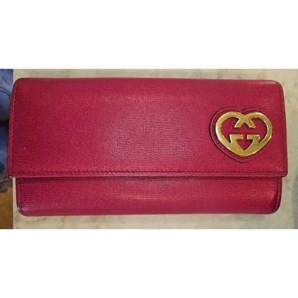 Gucci Wallet Pink Leather Heart Interlocking G Logo Bifold Long Clutch w/COA - Picture 1 of 9